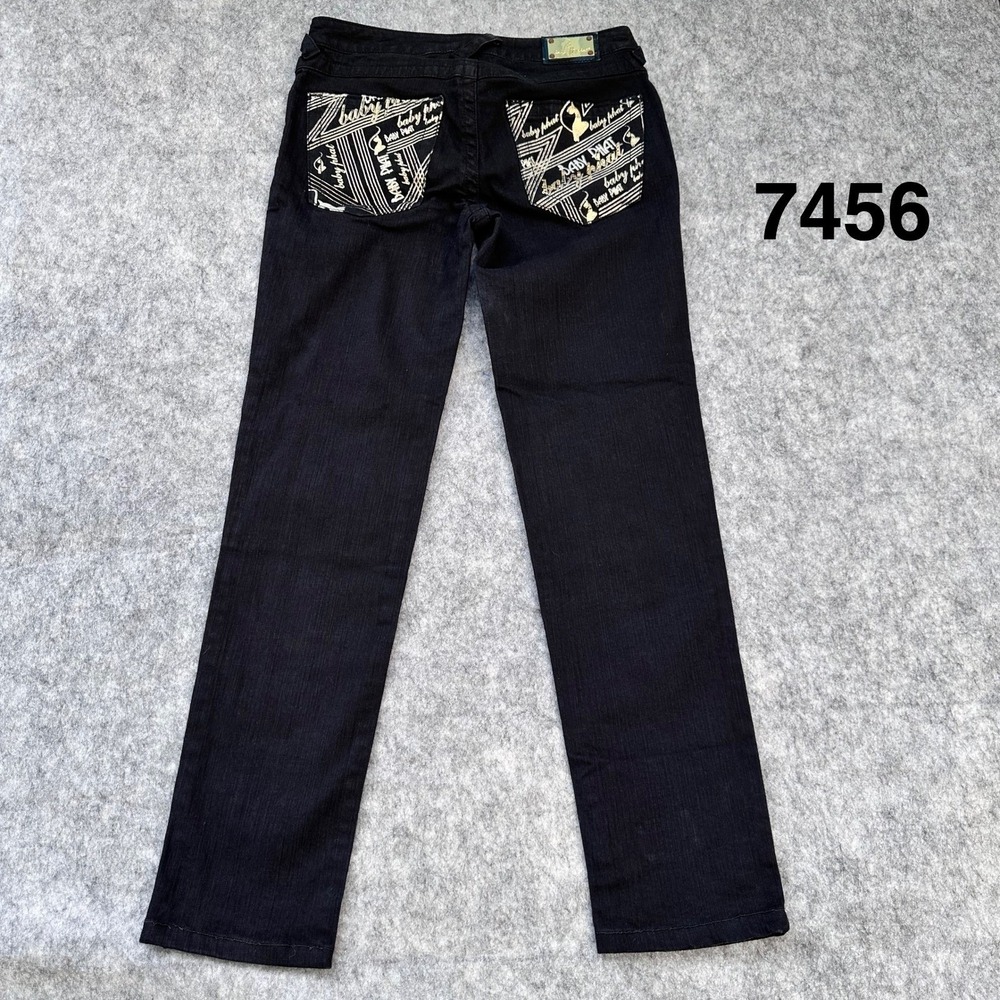 Baby Phat Black Straight Leg Jeans Gold Cat Logo Graphic Back Pockets Size 3